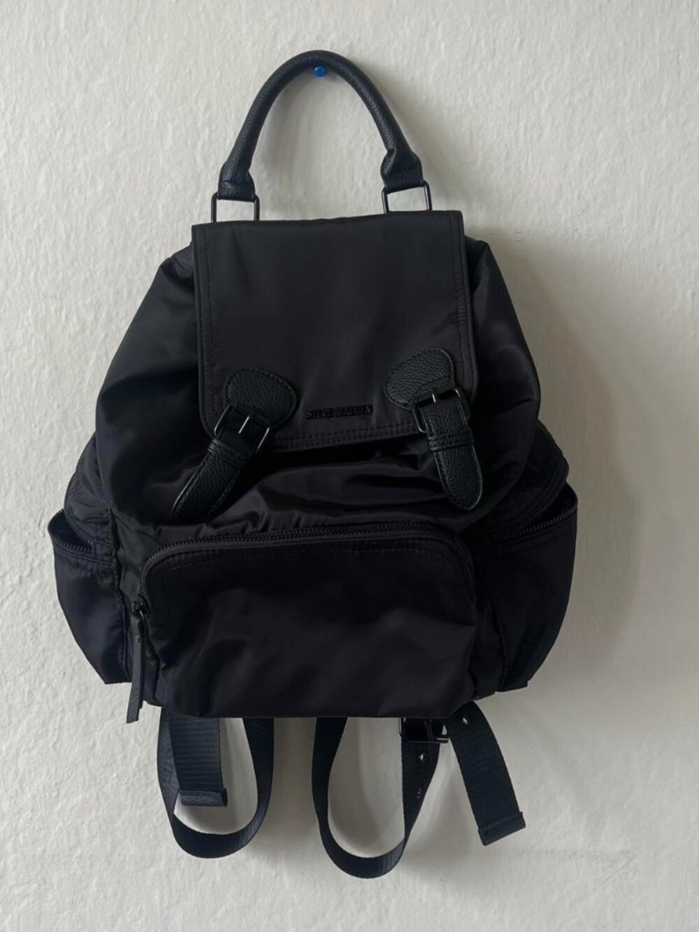 Steve Madden black nylon backpack buckle flap brand new without tags Black nylo